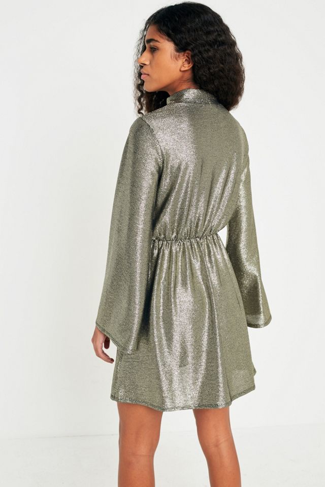 Pins & Needles Gold Metallic Flute Sleeve Tunic Dress #3