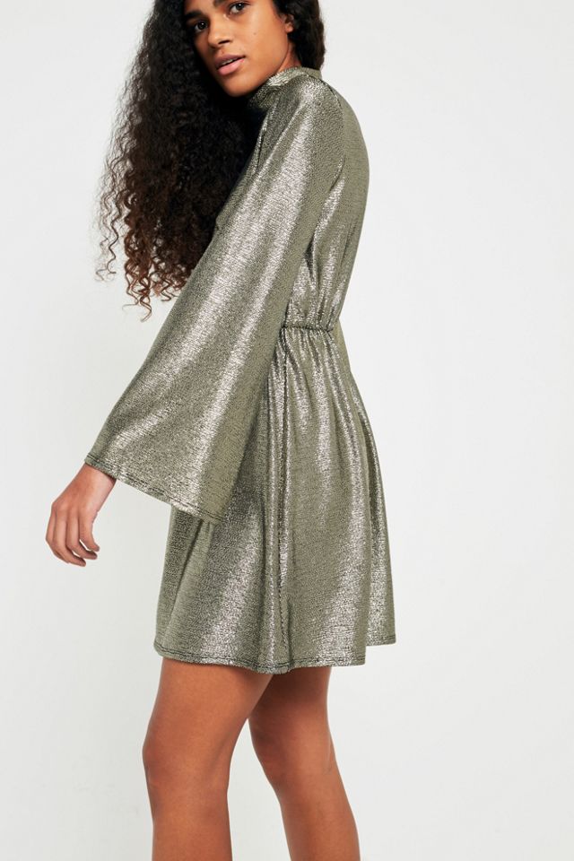 Pins & Needles Gold Metallic Flute Sleeve Tunic Dress #4