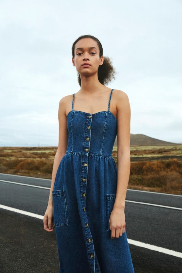 UO Emilia Denim Button-Through Midi Dress | Urban Outfitters UK