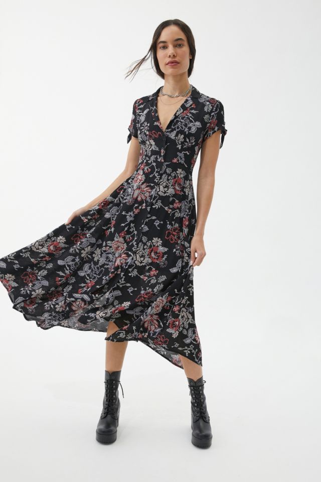 UO Elle Black Floral Button Through Midi Dress