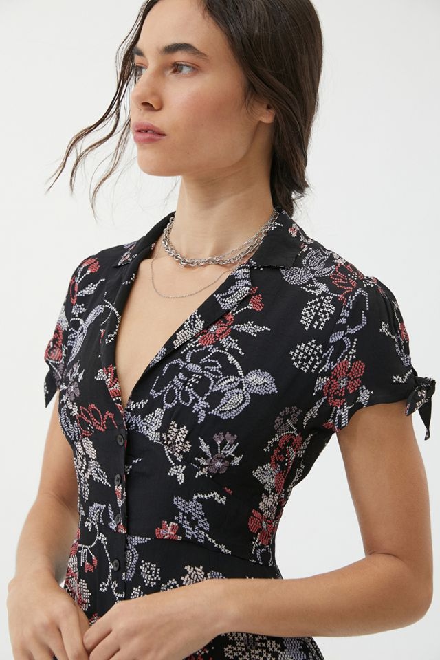 UO Elle Black Floral Button-Through Midi Dress #1