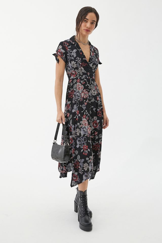 UO Elle Black Floral Button-Through Midi Dress #3