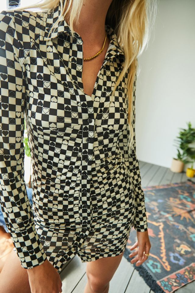 UO - Mini robe chemise en soie boutonnée Sharon à damier #2