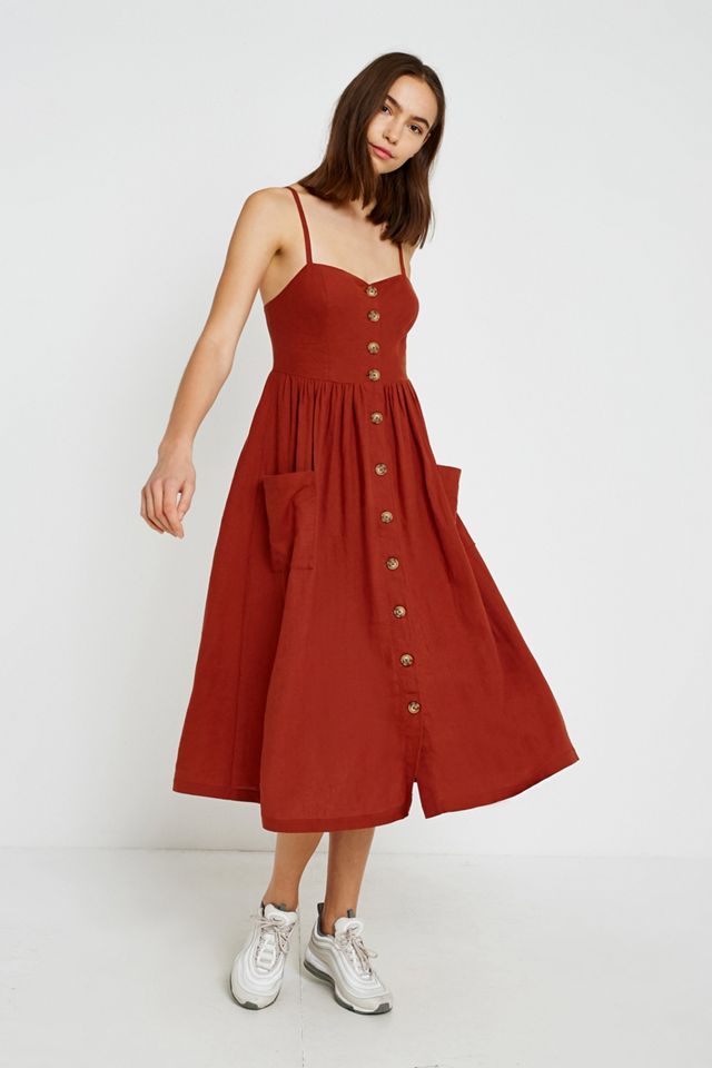 UO Emilia Rust Button-Through Midi Dress | Urban Outfitters UK