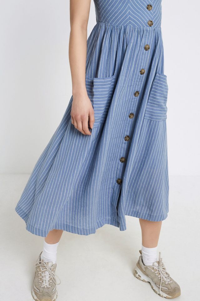UO Emilia Blue Striped Button-Through Midi Dress #1