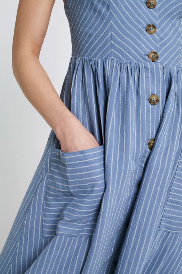 UO Emilia Blue Striped Button-Through Midi Dress #3