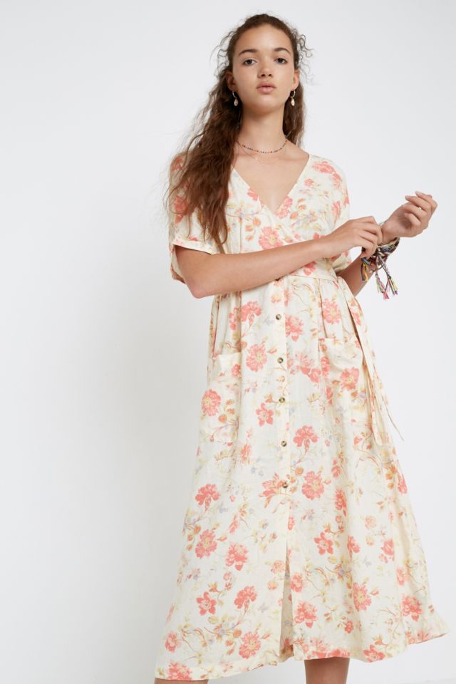 UO Isabelle Cream Floral Linen Midi Dress | Urban Outfitters UK