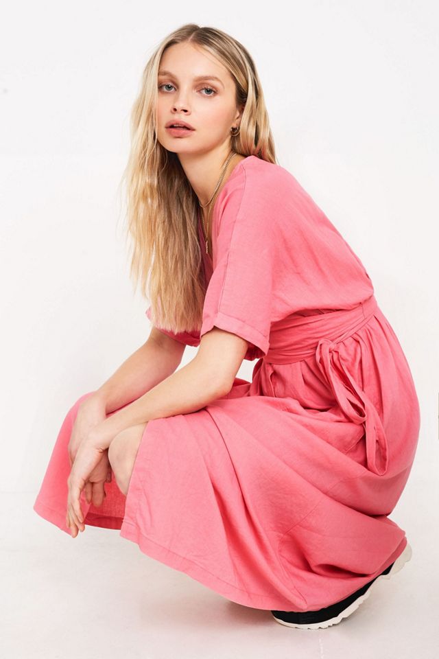 urban outfitters pink wrap dress Urban Outfitters Pink Red Midi Wrap Dress Size: L