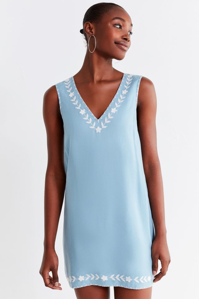 blue embroidered shift dress Embroidered Shift Dress with Cut-Out in Navy