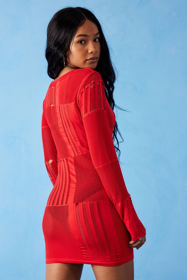 Robe longue micro-résille transparente rouge S-M