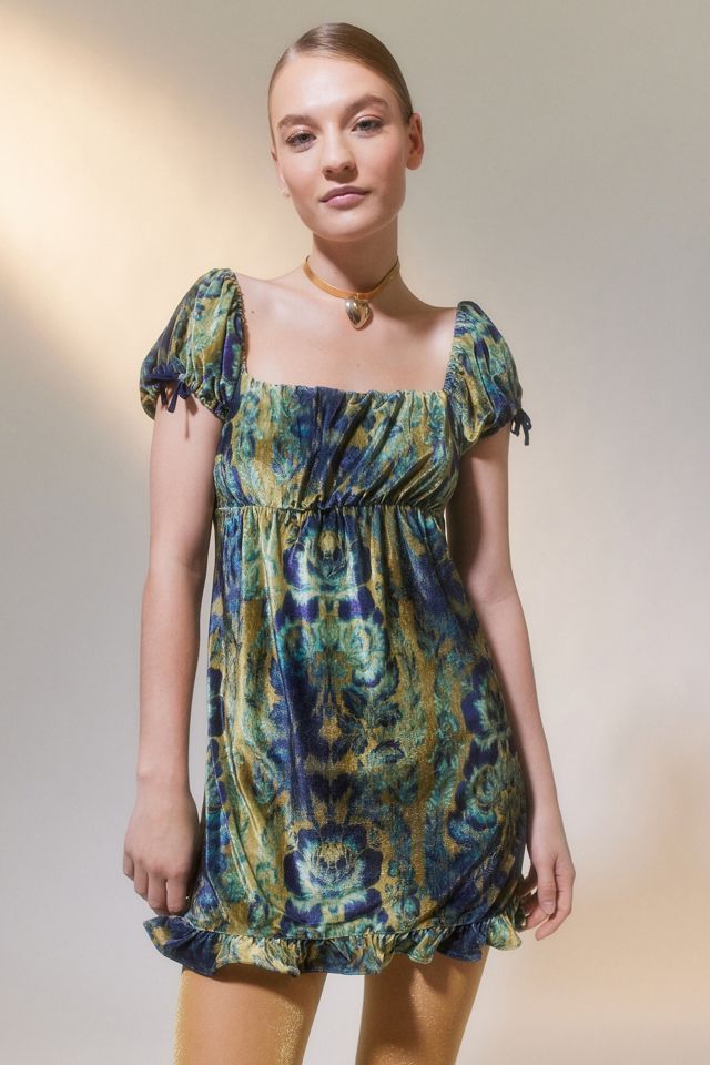 UO Blue Claudette Velvet Babydoll Dress Urban Outfitters UK