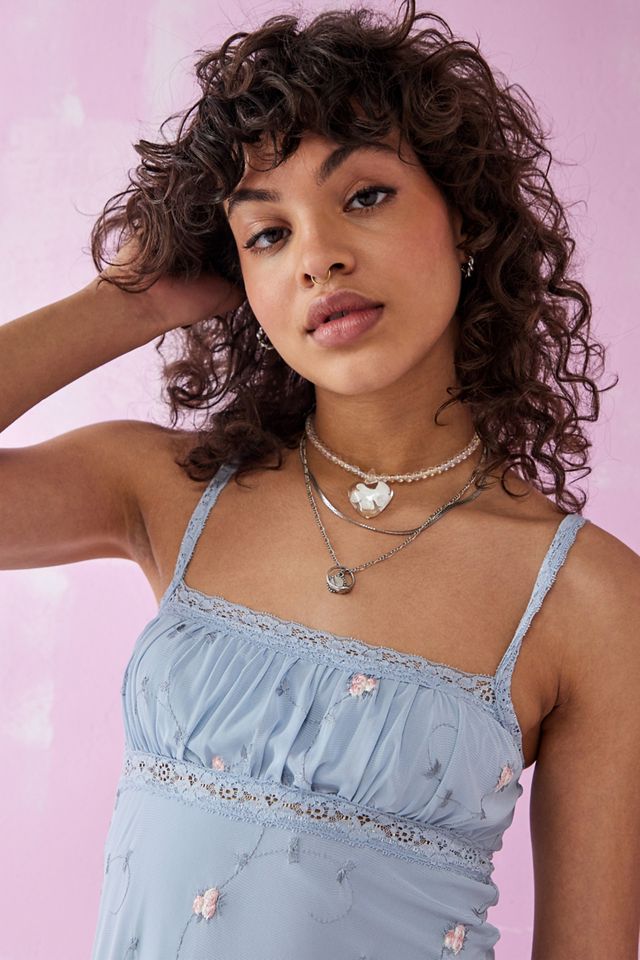UO Nikita Blue Embroidered Hanky Hem Mini Dress