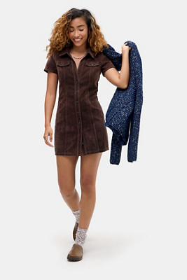 BDG Polly Faux Suede Mini Dress - Chocolate L at Urban Outfitters