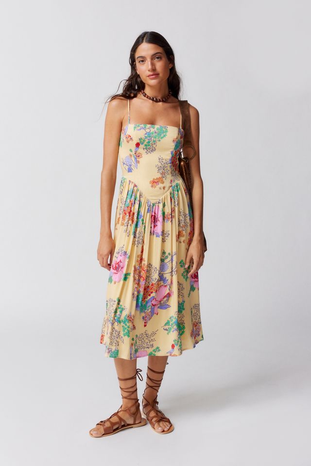 UO Sylvia Yellow Floral Prairie Midi Dress