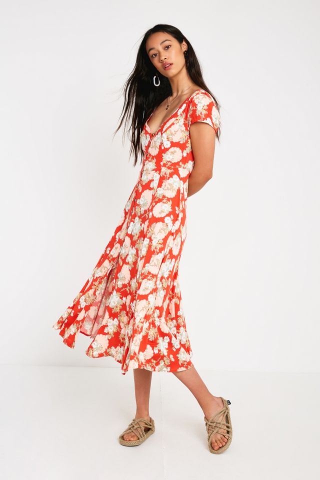 UO Malena Red Floral Button-Through Midi Dress | Urban Outfitters UK