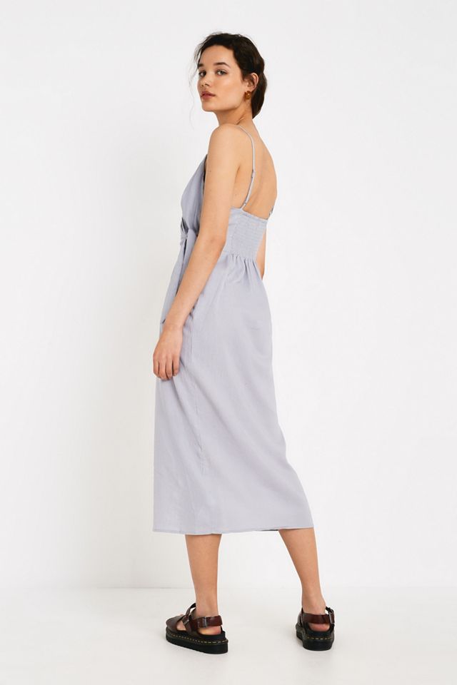UO Quebec Grey Linen Side-Tie Midi Wrap Dress #3