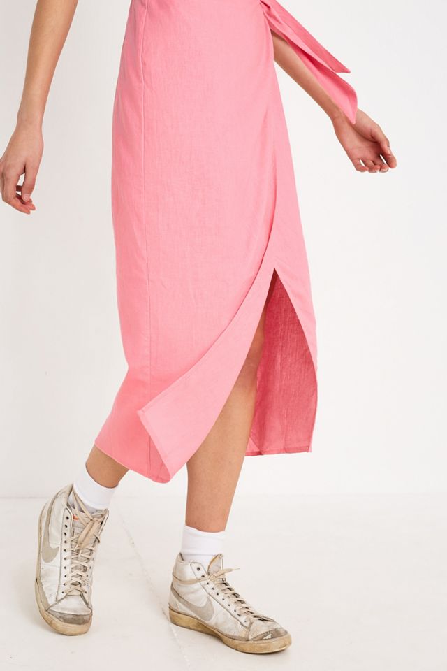 UO Quebec Pink Linen Side-Tie Midi Wrap Dress #1