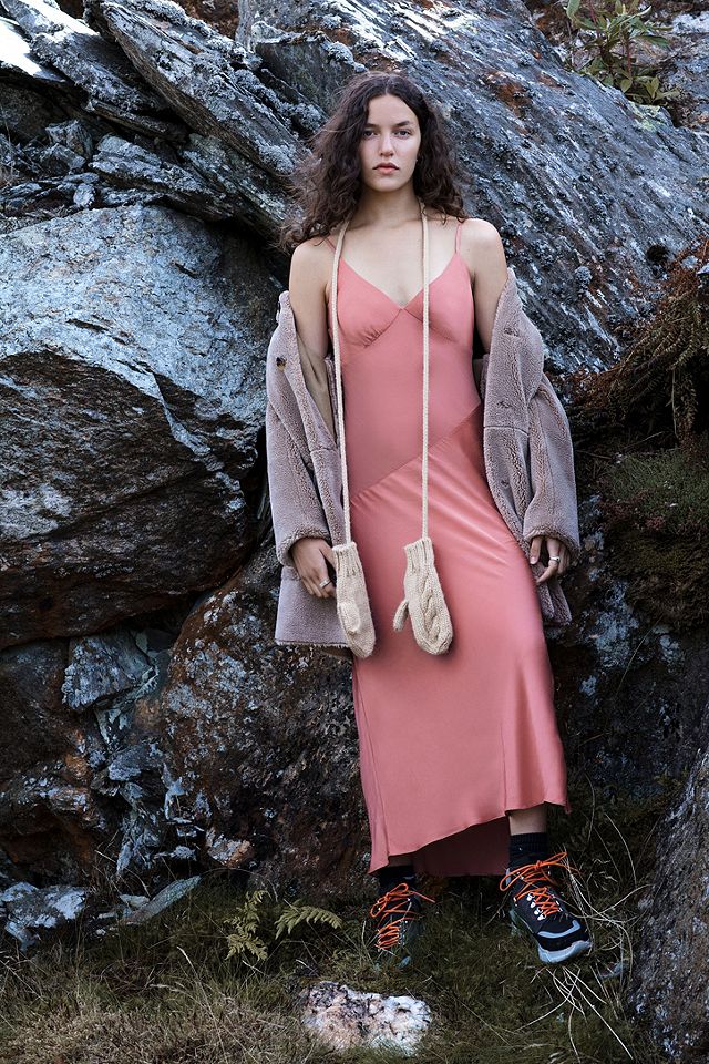 urban outfitters pink maxi dress AllSaints Bryony Satin Slip airy chiffon featuring a square neckline Urban Outfitters Maxi Dresses for