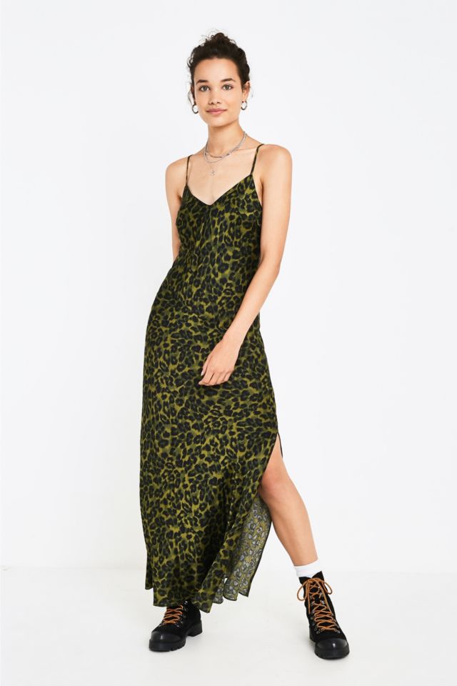 Green leopard shop print slip dress