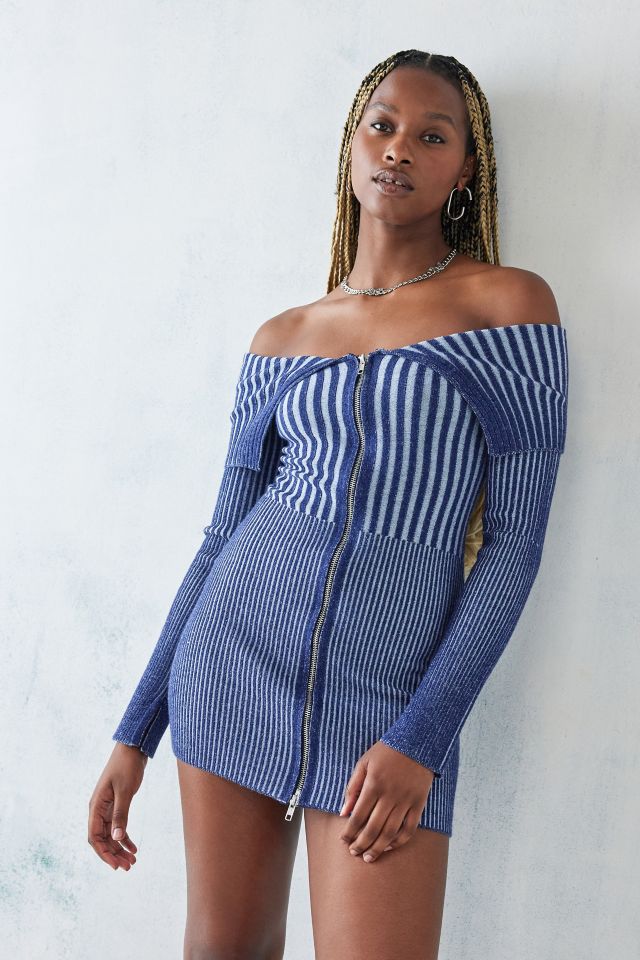 Blue striped off 2024 the shoulder dress