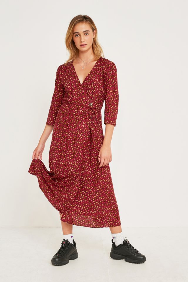 UO Burgundy Floral Side Button Dress | Urban Outfitters UK