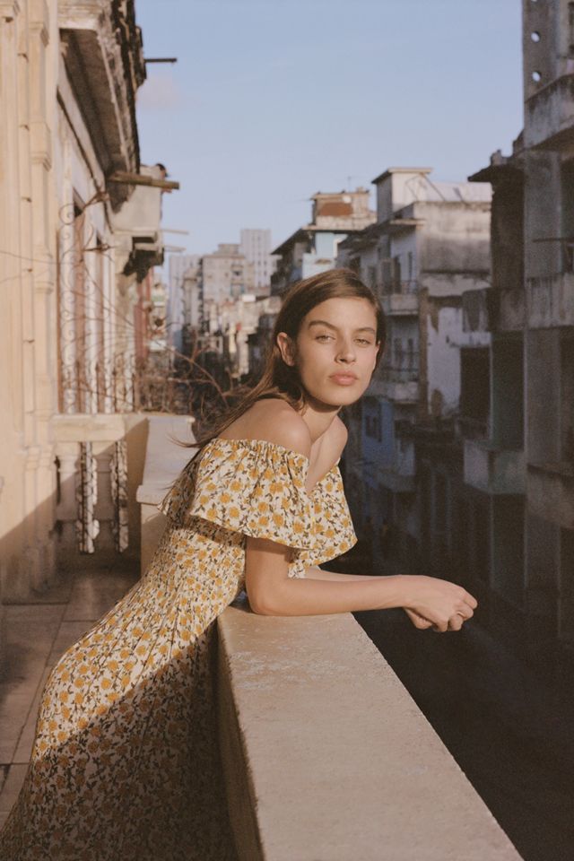 UO Carrie Yellow Floral Frill Midi Dress #1