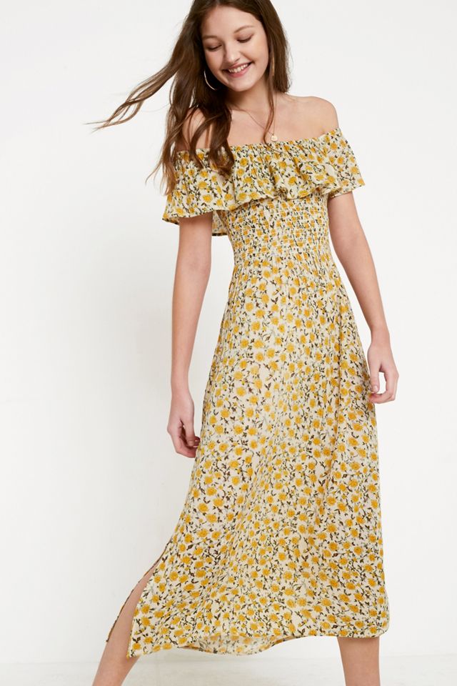 UO Carrie Yellow Floral Frill Midi Dress #2