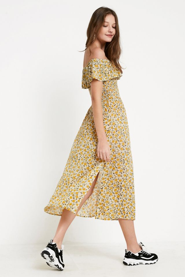 UO Carrie Yellow Floral Frill Midi Dress #4
