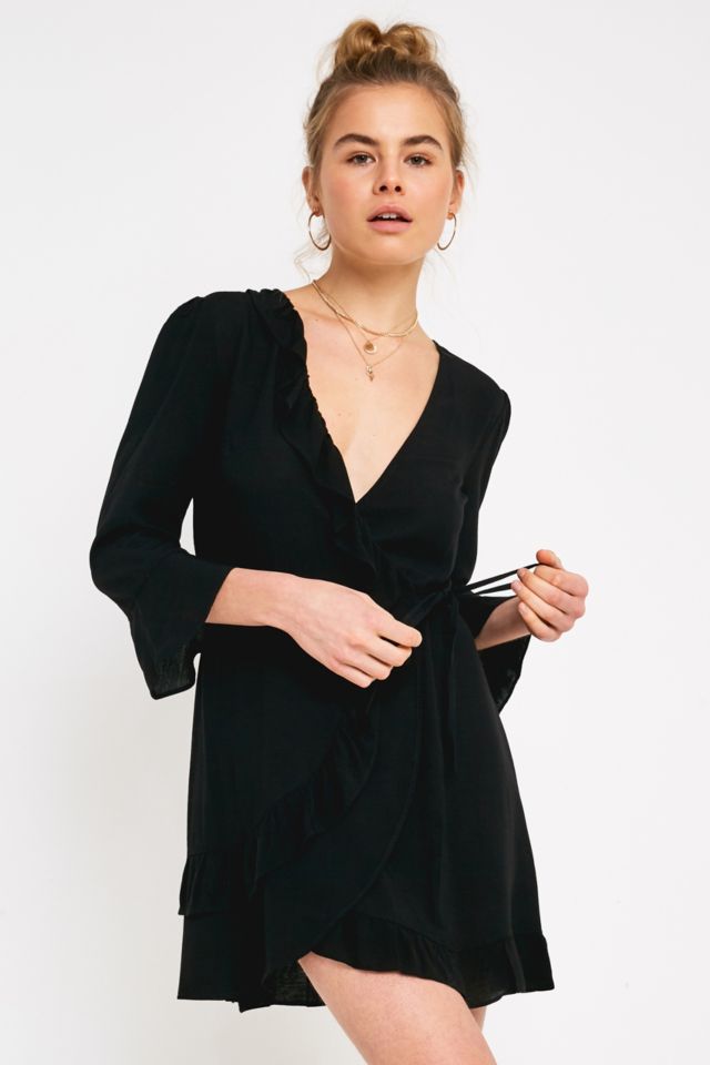 UO Black Frill Wrap Dress | Urban Outfitters UK