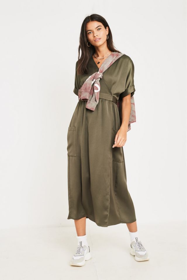 UO Gabrielle Satin Midi Wrap Dress Khaki Urban Outfitters UK