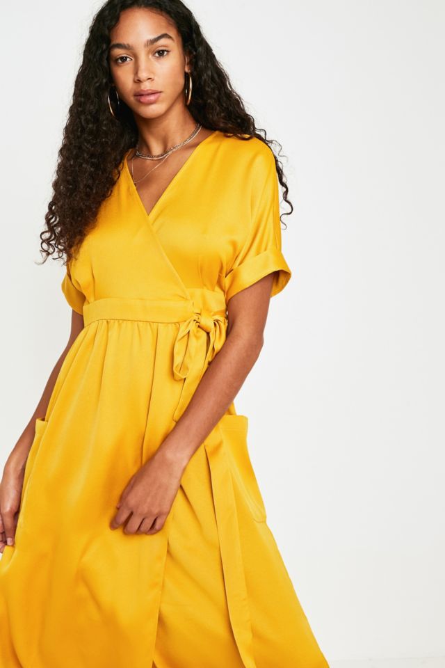 UO Gabrielle Satin Midi Yellow Wrap Dress Urban Outfitters UK