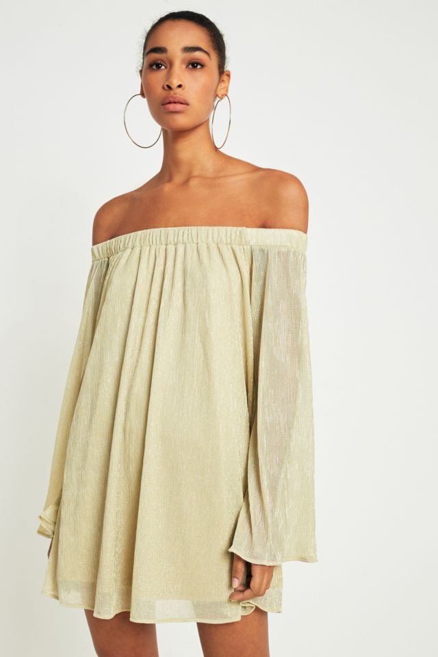 UO Jonie Off The Shoulder Shimmer Pleated Dress Urban Outfitters UK