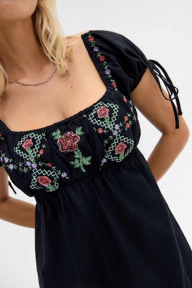 Kimchi Blue Marcella Embroidered Tie-Back Babydoll Mini Dress | Urban  Outfitters UK