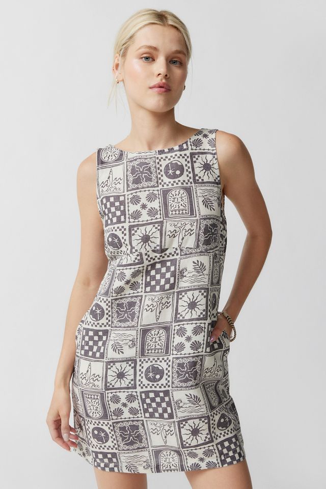 UO Charlotte Linen Tile Print Shift Mini Dress | Urban Outfitters UK