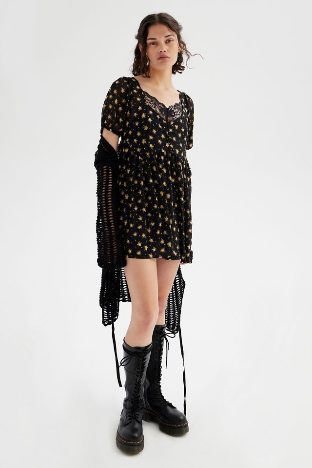UO Abito Mini Babydoll Chiffon Cecilia Floreale Nero #1