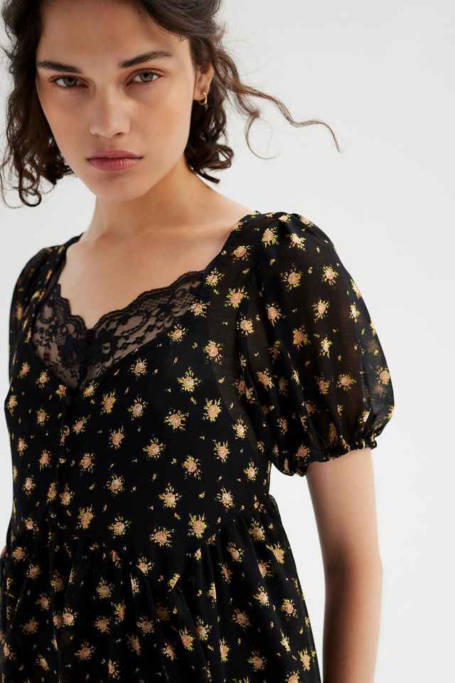 UO Abito Mini Babydoll Chiffon Cecilia Floreale Nero #2