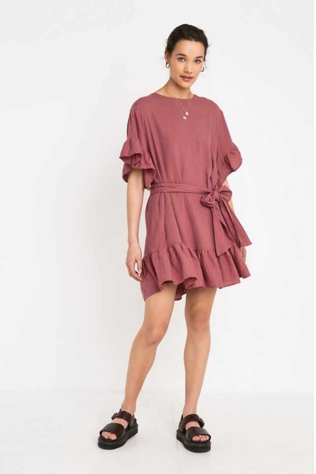 Uo suddenly spring linen ruffle tie dress sale