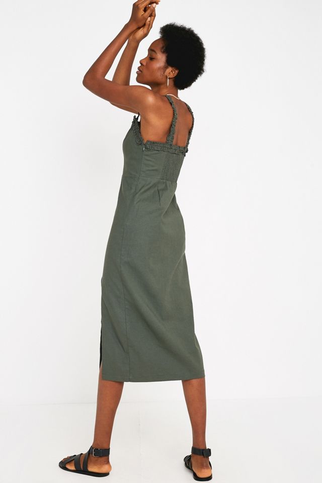 UO - Robe midi Remy à encolure carrée volantée en lin verte #1
