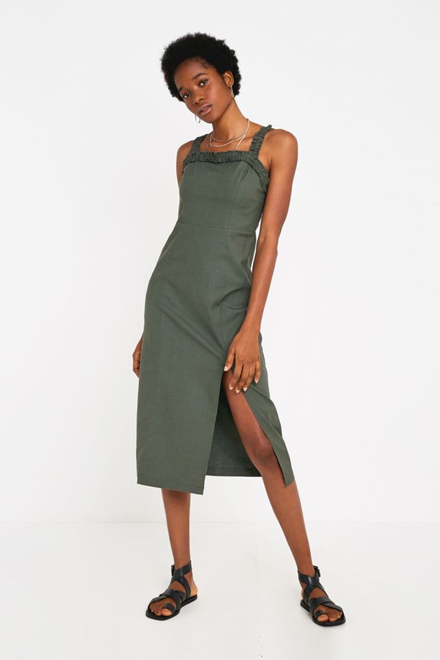 UO - Robe midi Remy à encolure carrée volantée en lin verte #2