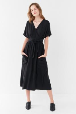 UO Gabrielle Black Linen Midi Wrap Dress Urban Outfitters UK