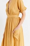 UO Gabrielle Gold Linen Midi Wrap Dress | Urban Outfitters UK