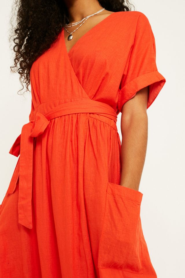 UO Linen Wrap Red Midi Dress #1