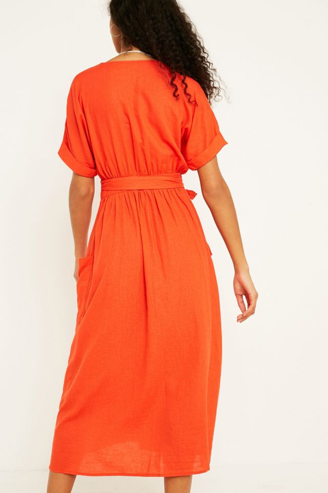UO Linen Wrap Red Midi Dress #2
