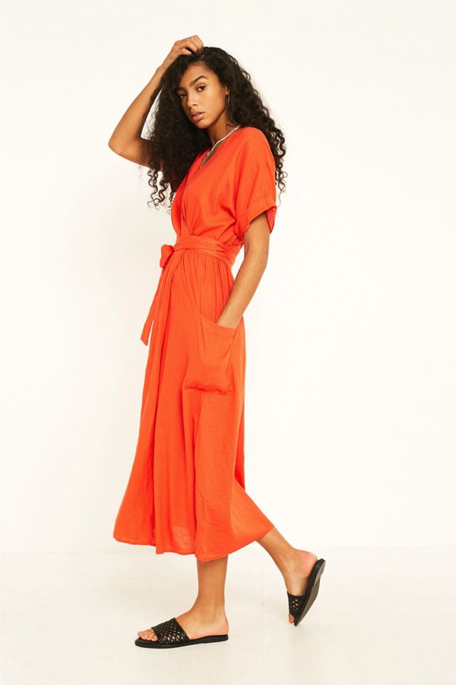 UO Linen Wrap Red Midi Dress #4