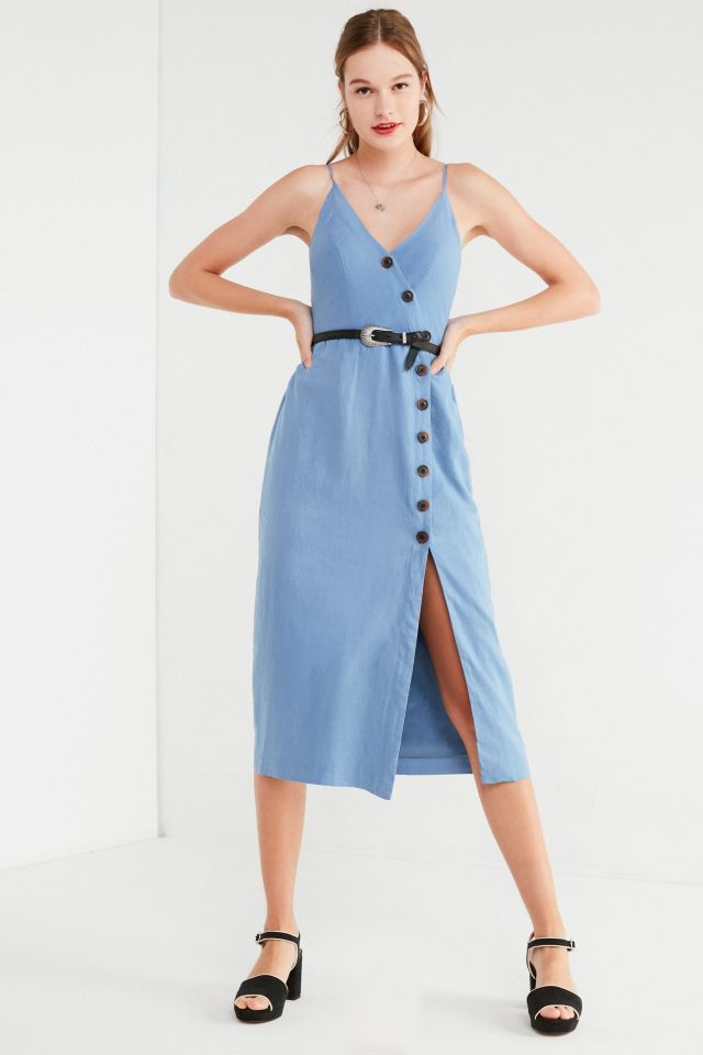sociedad Rebotar Adentro UO Amber Blue Linen Button-Through Midi Dress | Urban Outfitters UK