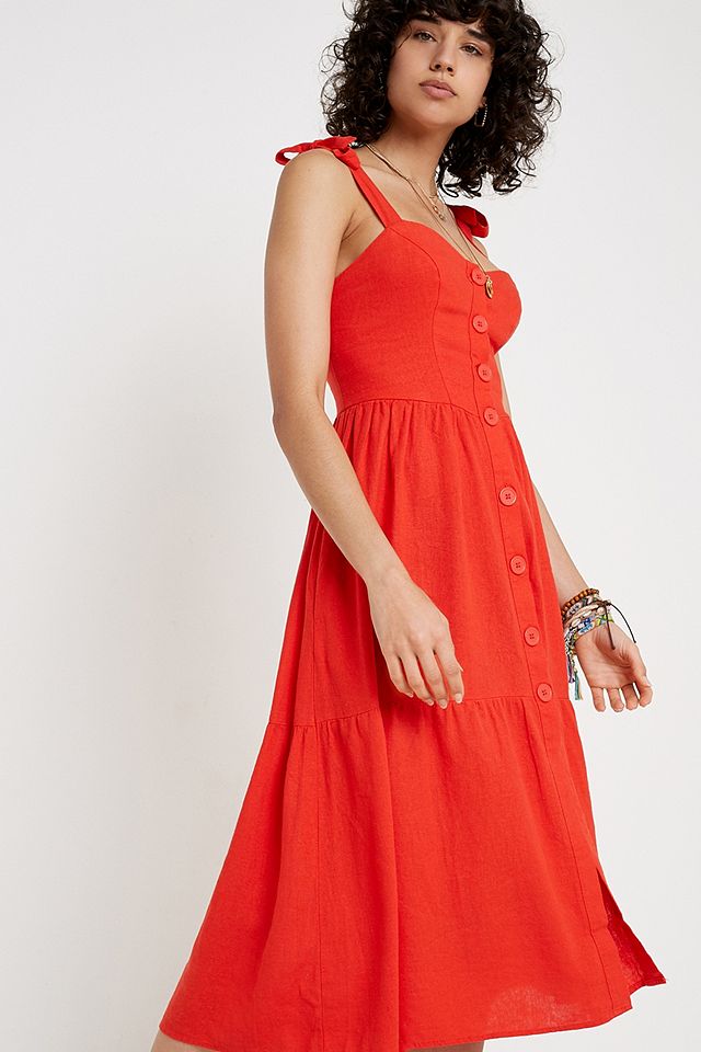 UO Positano Bright Red Button-Through Midi Dress | Urban Outfitters UK