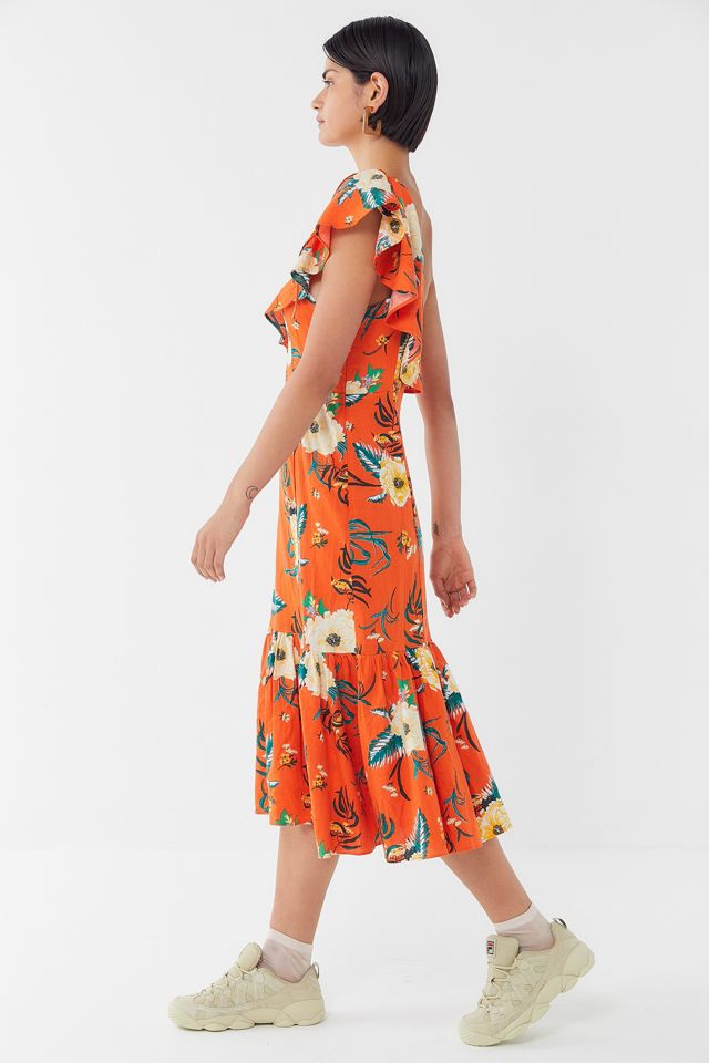 UO - Robe midi asymétrique Carmen à volants et à fleurs orange #1