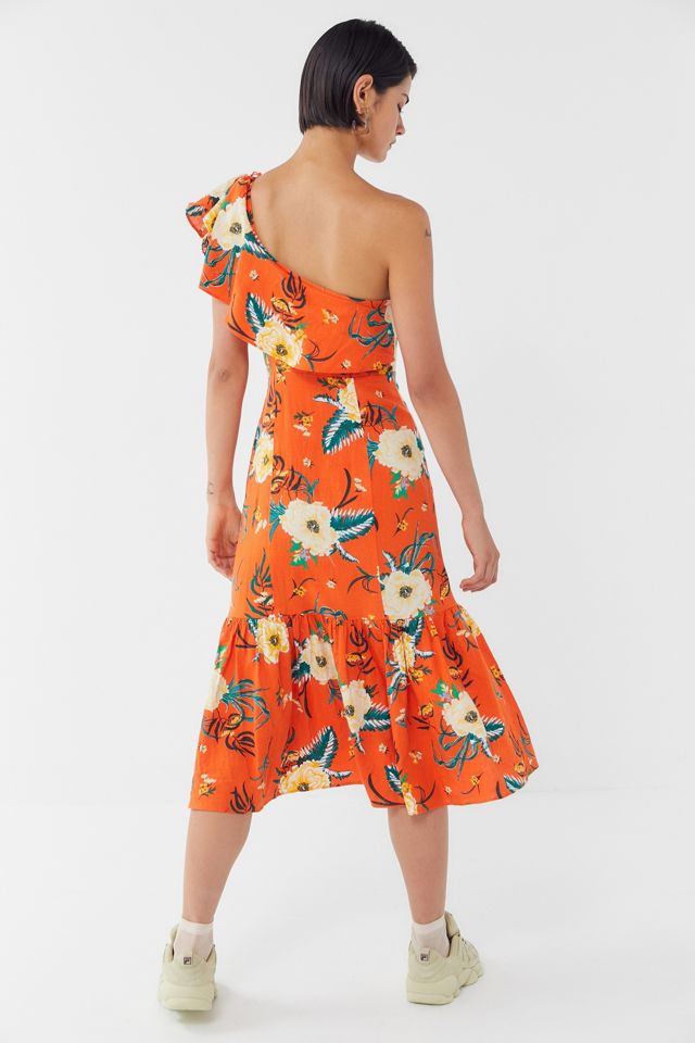 UO - Robe midi asymétrique Carmen à volants et à fleurs orange #2