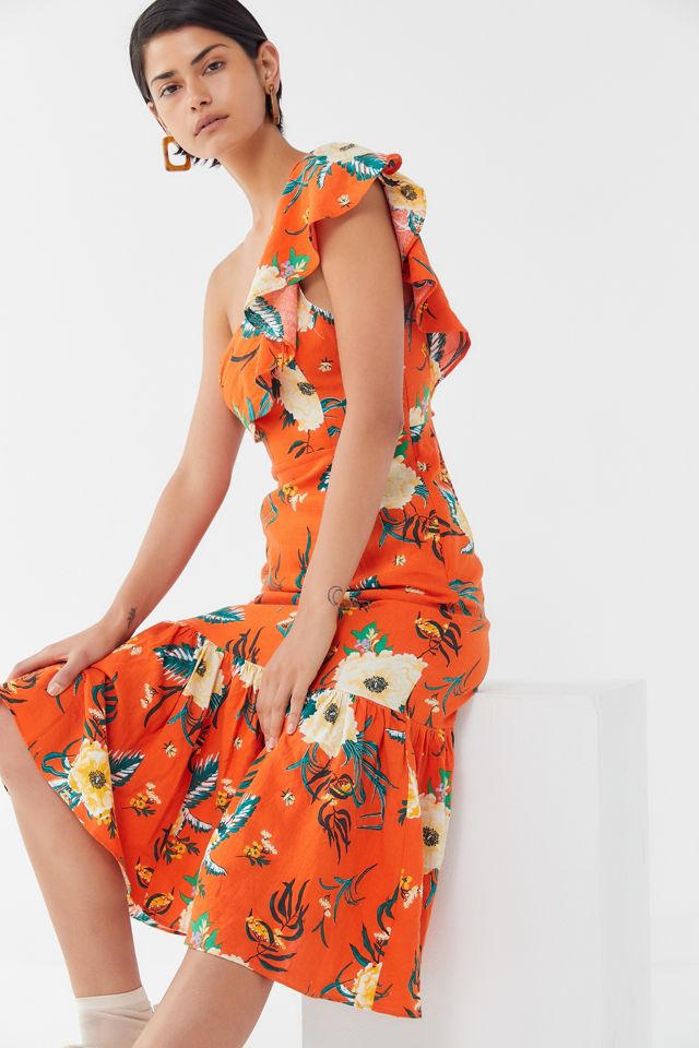 UO - Robe midi asymétrique Carmen à volants et à fleurs orange #3
