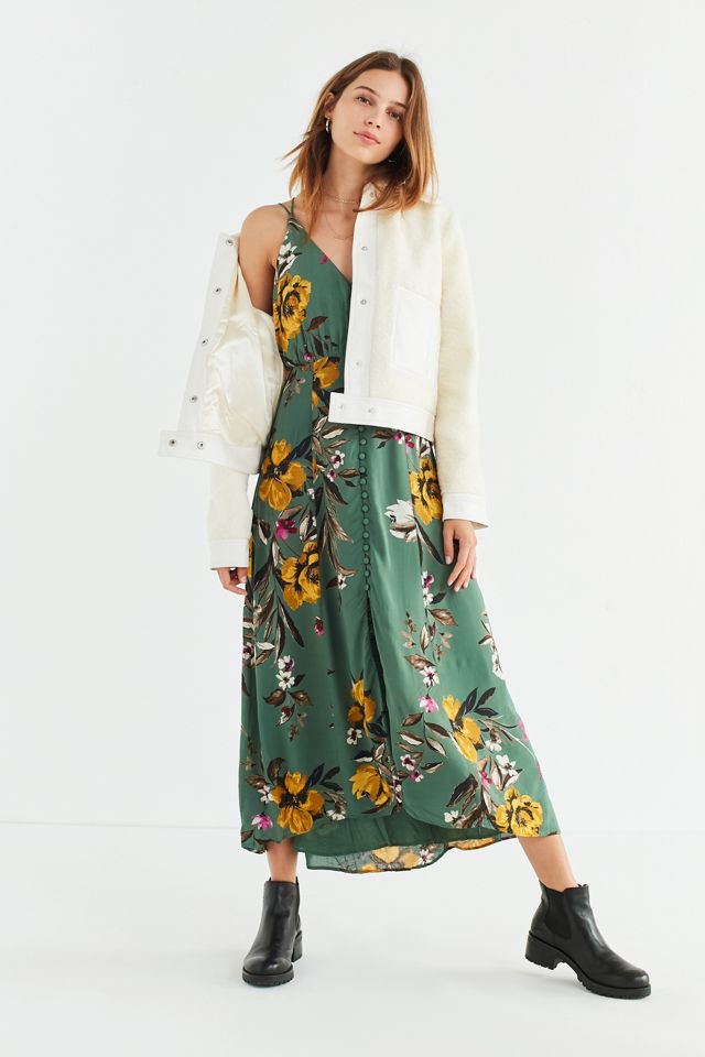 UO Lady Lava Green Floral Covered Button-Down Midi Dress #2